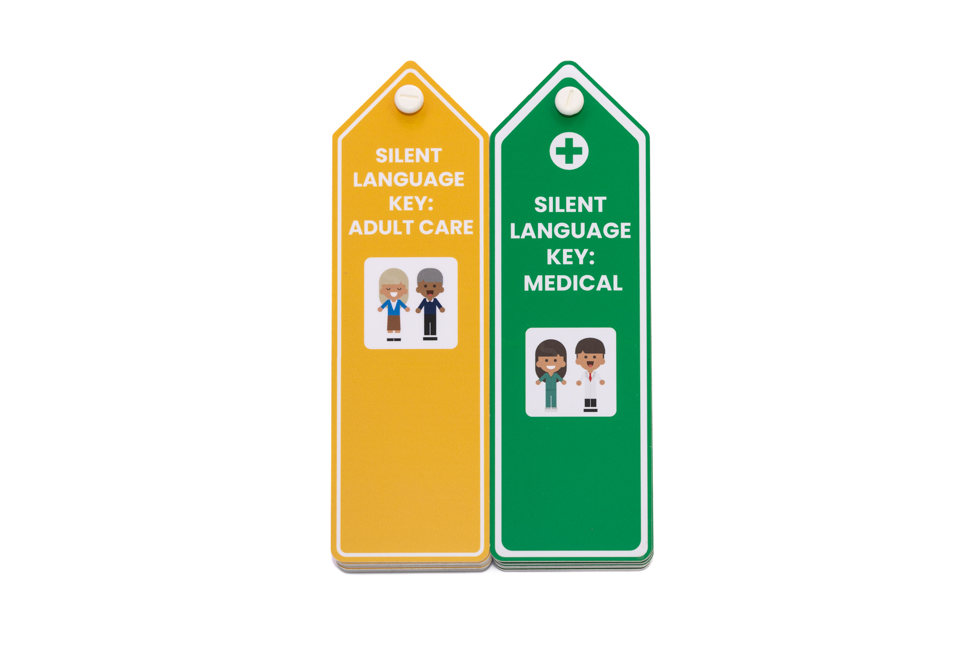 A Voice 4 All package of two Silent Language key sets. For the Adult Care (Orange/yellow) and Medical (green) Silent Language Keys. The image show the Silent Language Key in its compact stack, showing front cover and main cover communication icon visible.